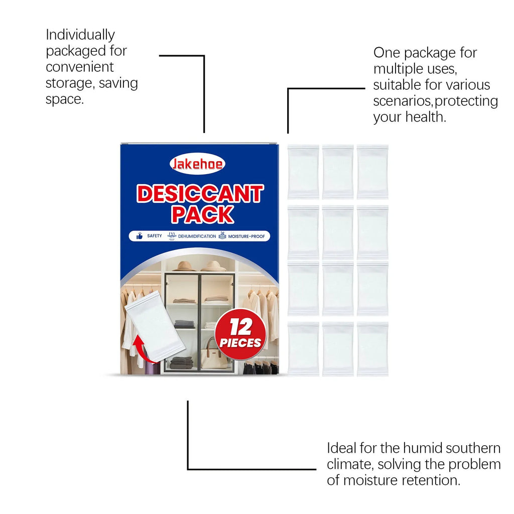 Pack of twelve anti-odour household desiccants for wardrobe and cupboard moisture control