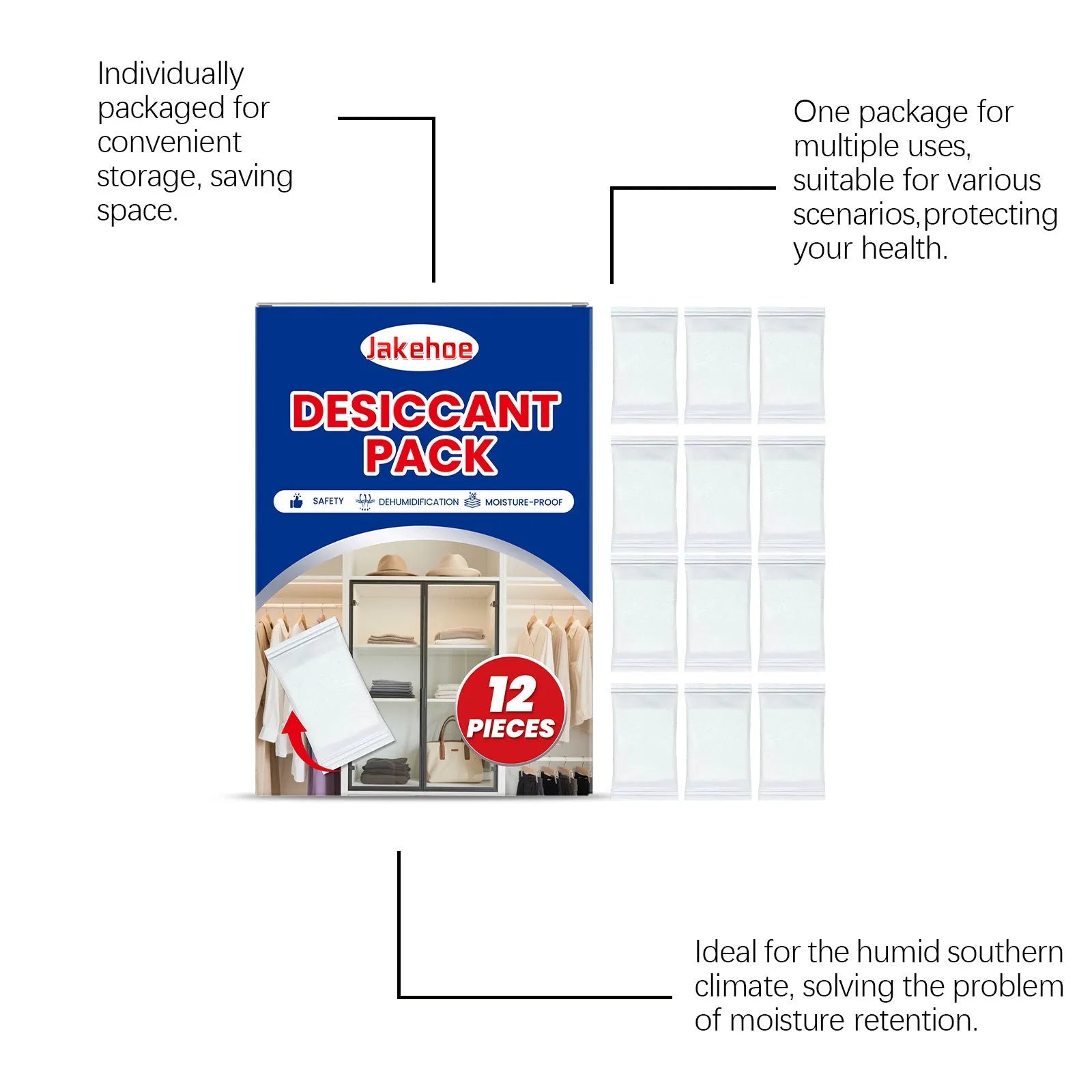 Pack of twelve anti-odour household desiccants for wardrobe and cupboard moisture control