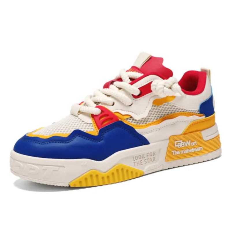 Men's board shoes with rubber soles in white and yellow, white and black, and beige colour options