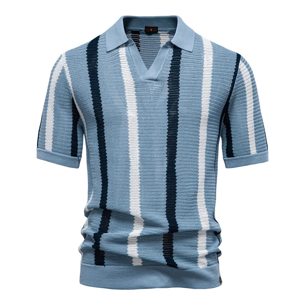 Men's striped short-sleeved polo shirt in breathable hollow knit fabric, shown in light blue colour with mosaic detail.