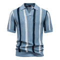 Men's striped short-sleeved polo shirt in breathable hollow knit fabric, shown in light blue colour with mosaic detail.