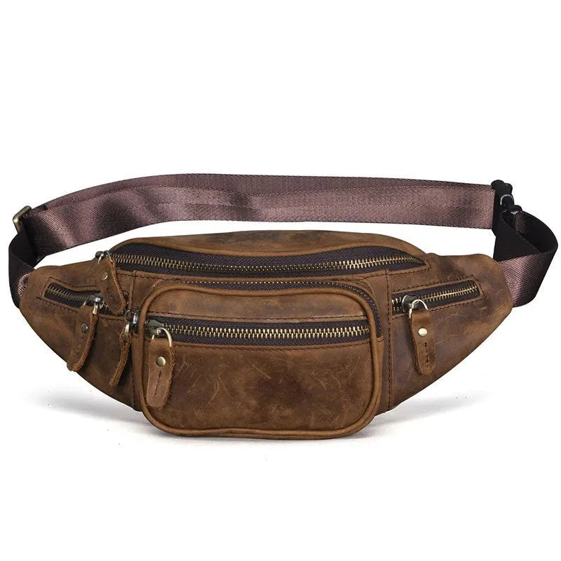 Dark crazy horse cowhide leather messenger bag showing front flap and adjustable shoulder strap.
