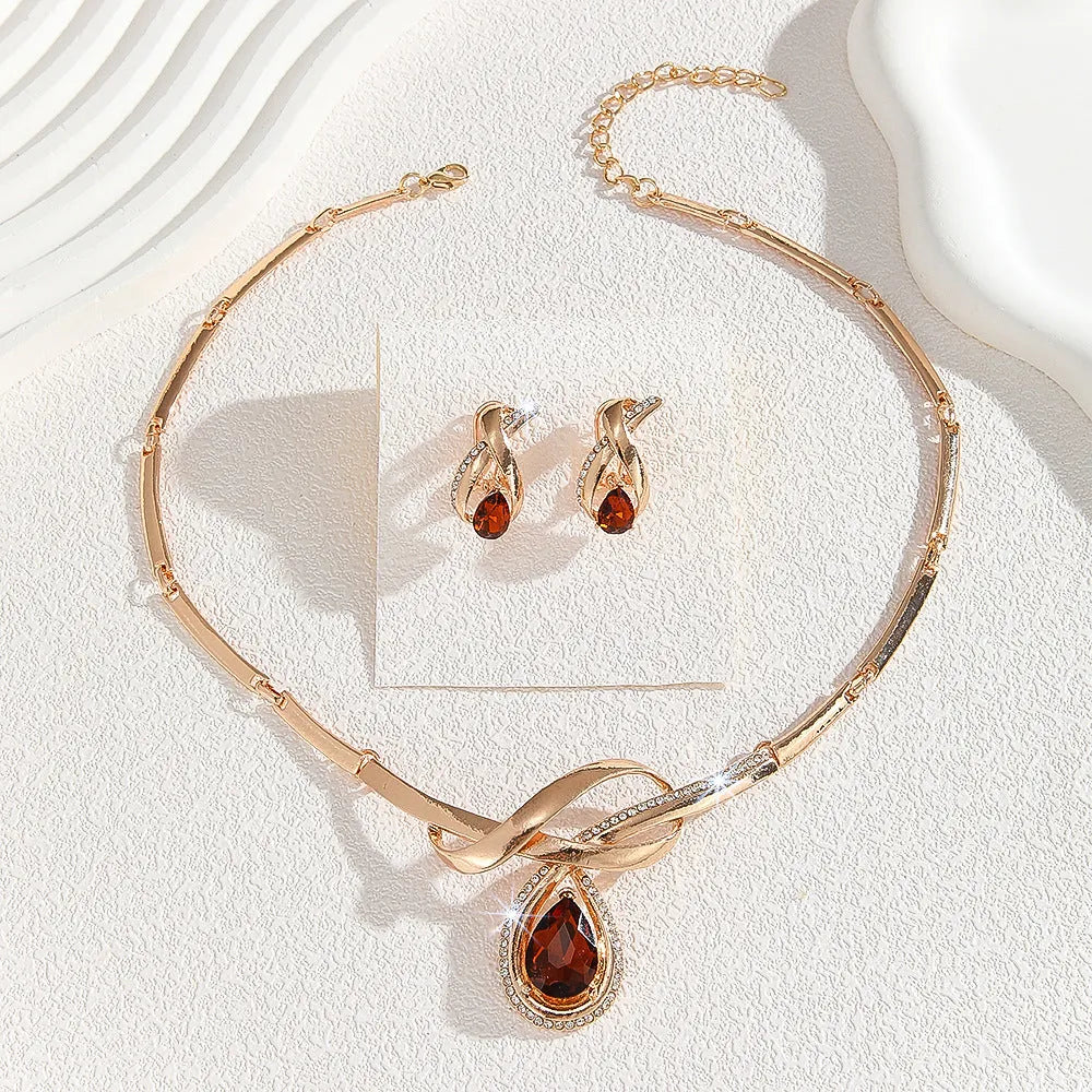Gold Inlaid White Rhinestone Brown Crystal Necklace and Earrings Suite for Women V-Shaped Alloy Pendant with Fishtail and Fan-Shaped Elements Exaggerated Style