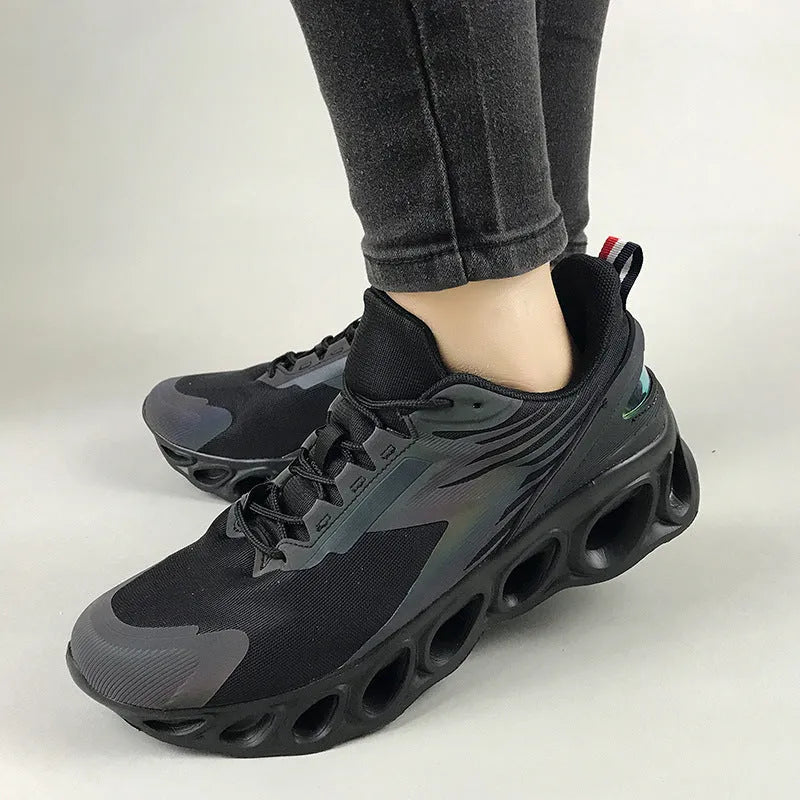 Men's black breathable casual sports shoes with mesh upper, round toe, and flat EVA sole on a white background.