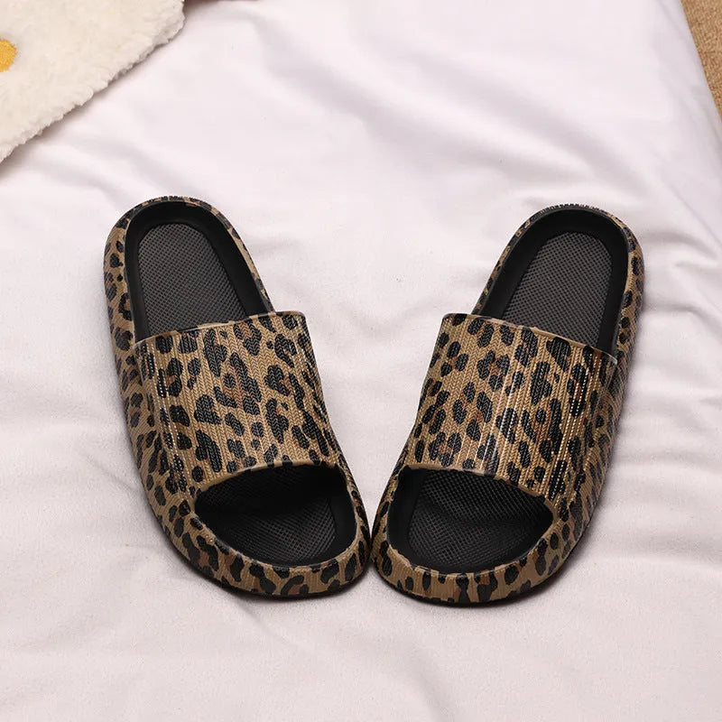 Women's leopard print EVA slippers with thick sole, shown in multiple colour variants.