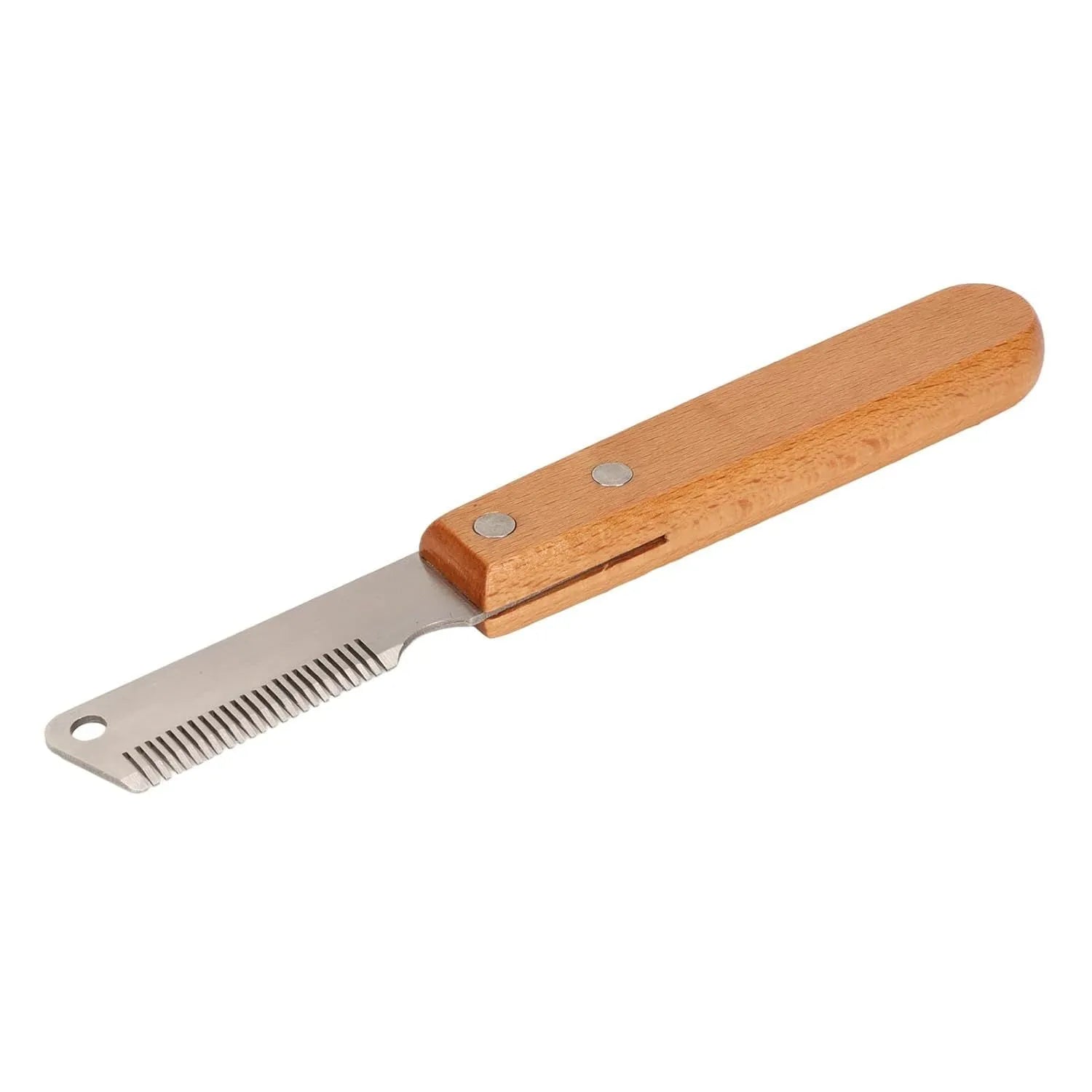 Pet stripping comb with wood handle and metal teeth for grooming long-haired dogs and cats.