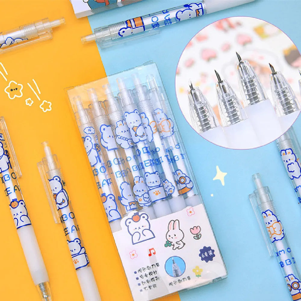 Set of six cute cream bear and rabbit character press pen knives on a white background.