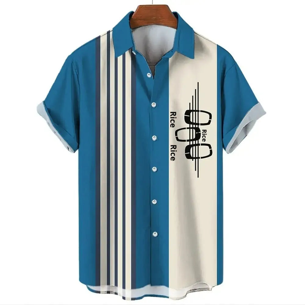 Men's striped Hawaiian shirt in polyester fabric with button-up short sleeves