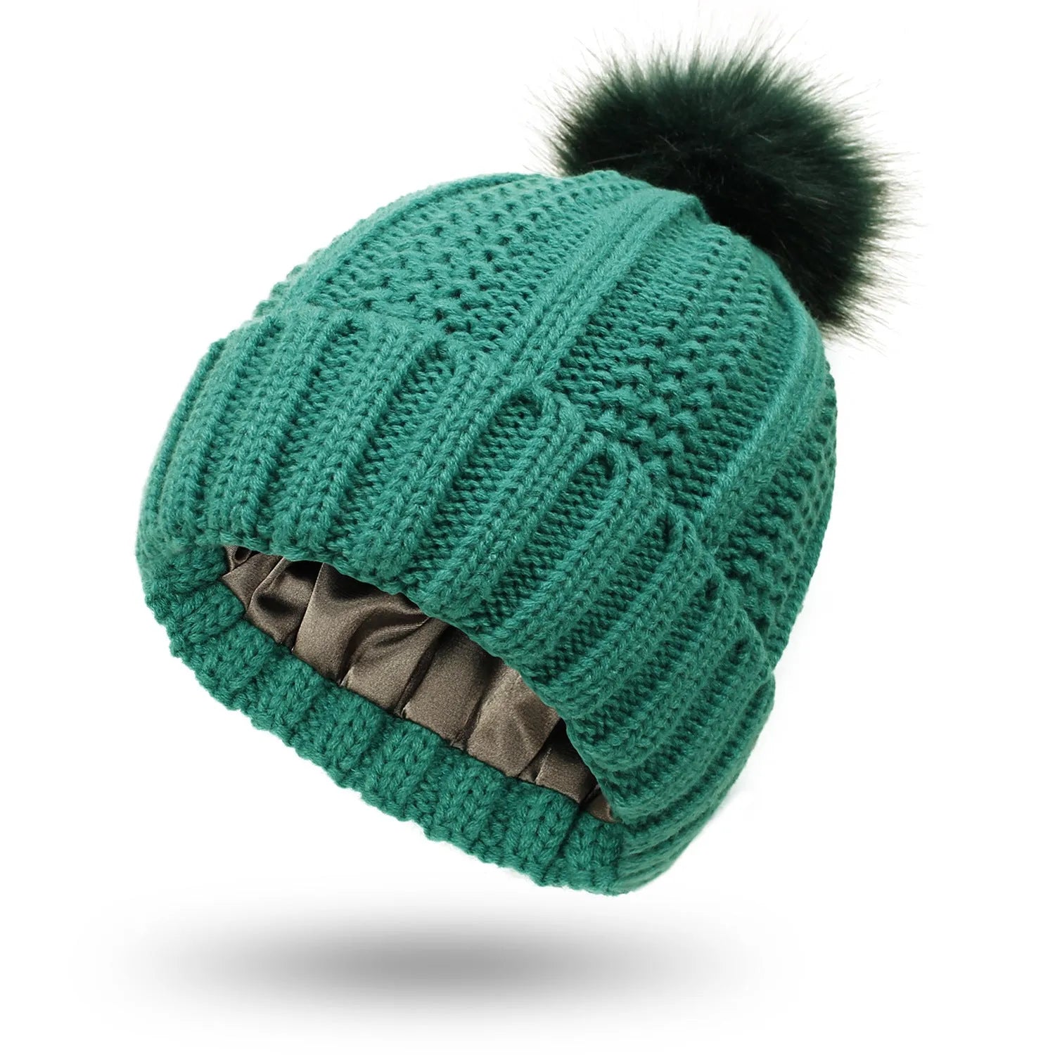 Women's wool beanie hat with satin lining and faux fur pom pom in multiple colours