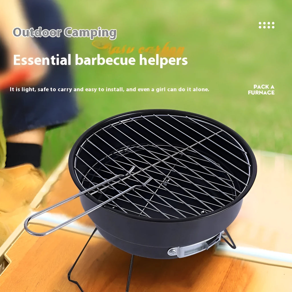 Small folding round outdoor ice stove with grill mesh, legs, and accessories for 1-2 people