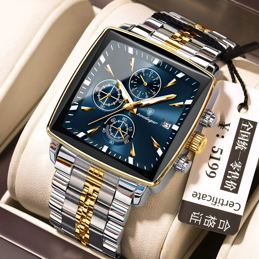 Square men's business watch with alloy case and stainless steel bracelet on wrist.