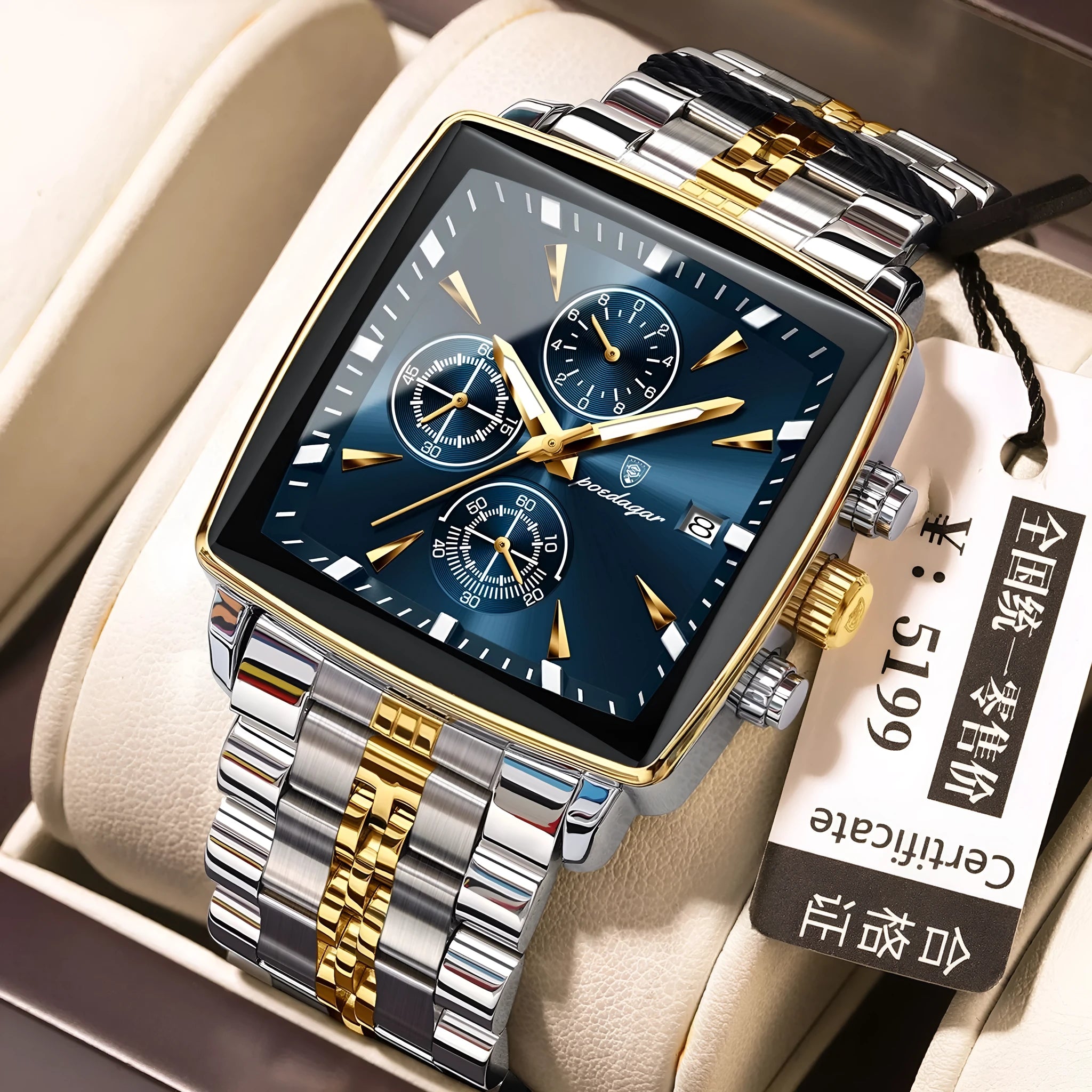 Square men's business watch with alloy case and stainless steel bracelet on wrist.