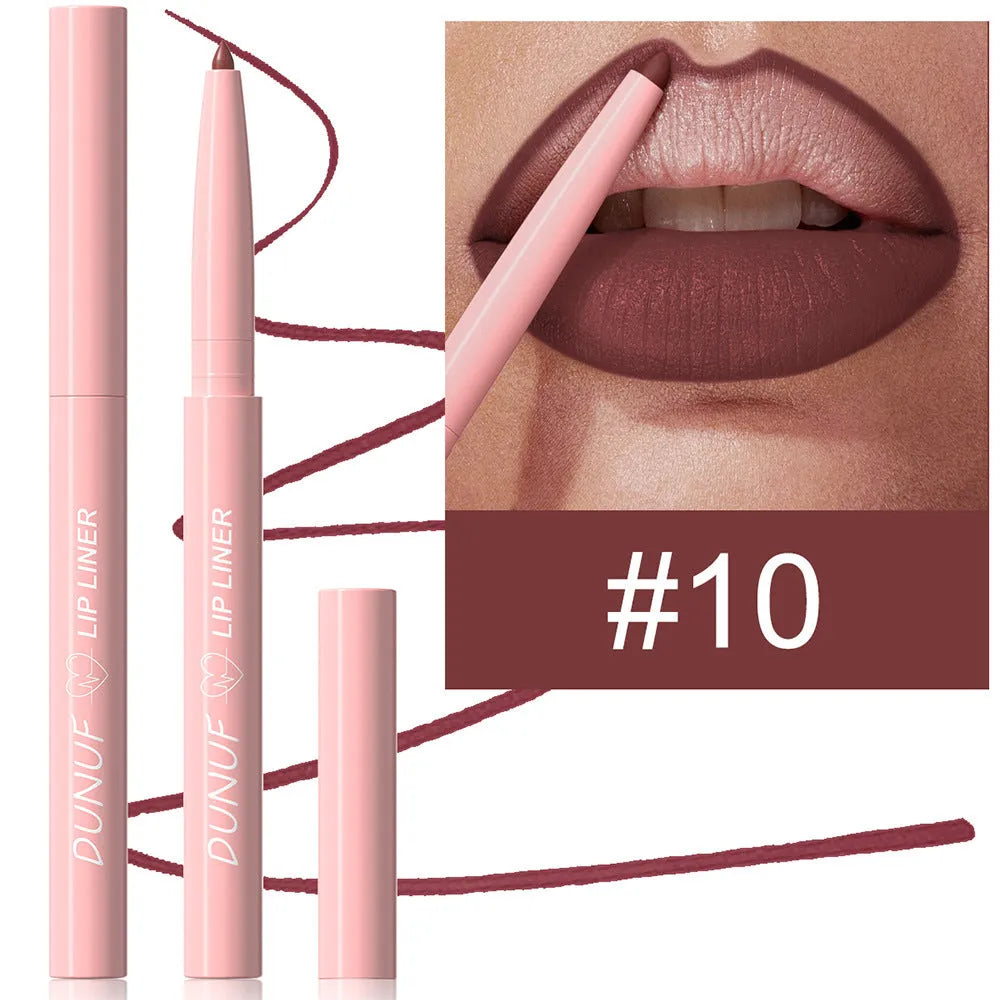 Set of twelve velvet matte lip liners in various shades for precise lip contouring
