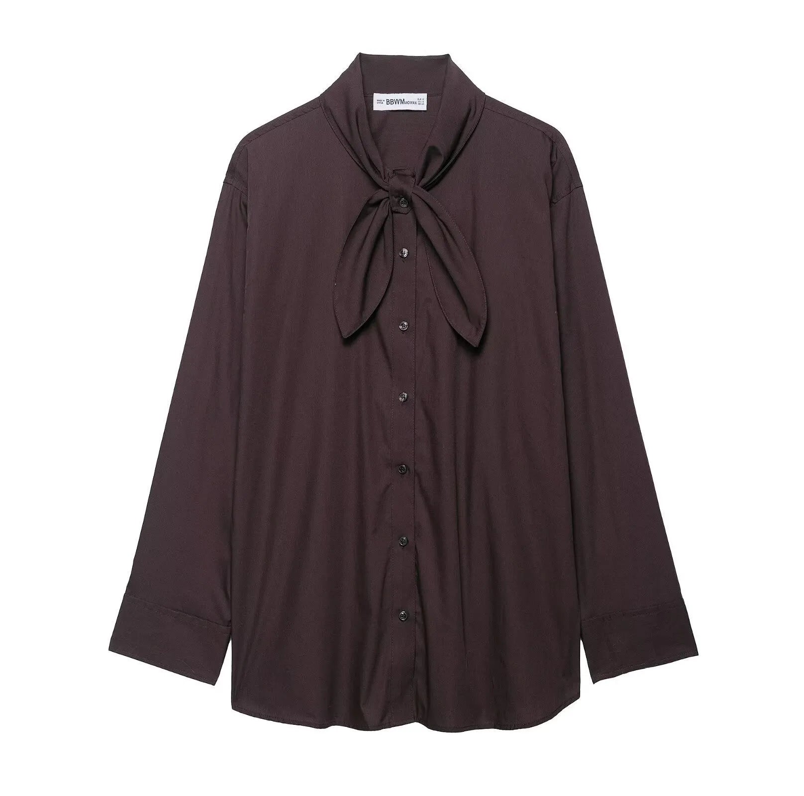Brown women's loose-fit poplin shirt with long sleeves, cardigan style, and a bow tie detail.