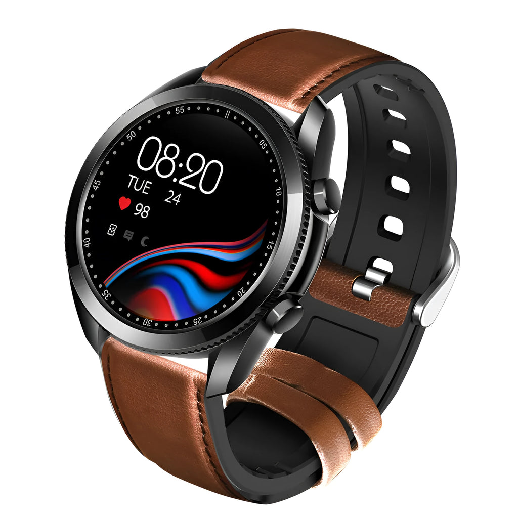 UM90 black smart call watch with leather strap showing heart rate and sports tracking on 1.28-inch screen