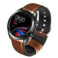 UM90 black smart call watch with leather strap showing heart rate and sports tracking on 1.28-inch screen