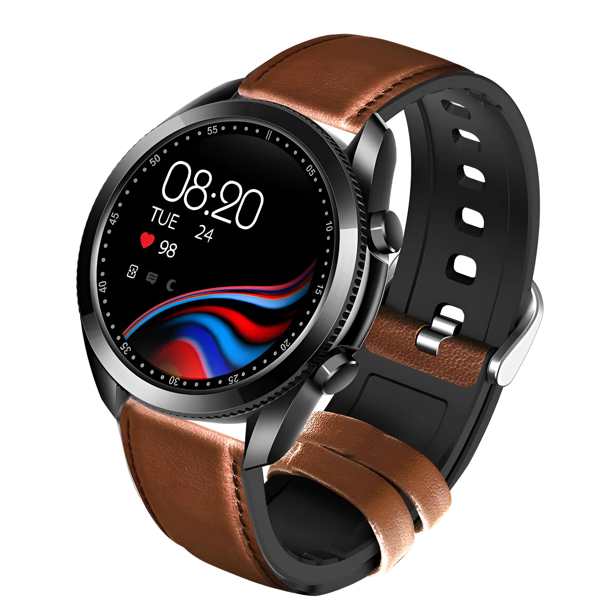 UM90 black smart call watch with leather strap showing heart rate and sports tracking on 1.28-inch screen