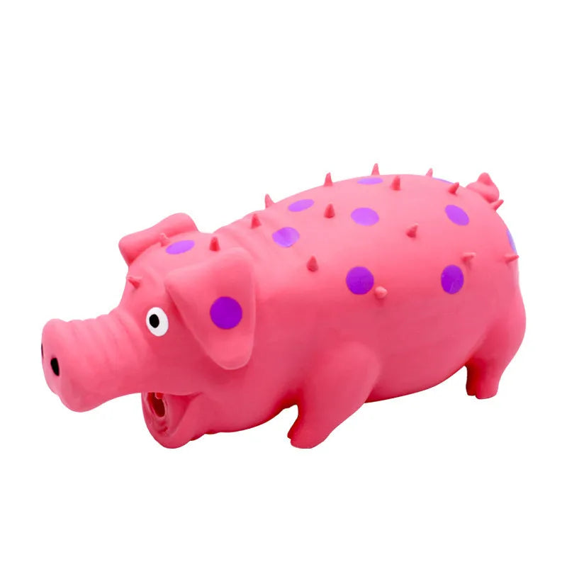 Latex pig-shaped squeaky dog chew toy with textured surface in assorted colours