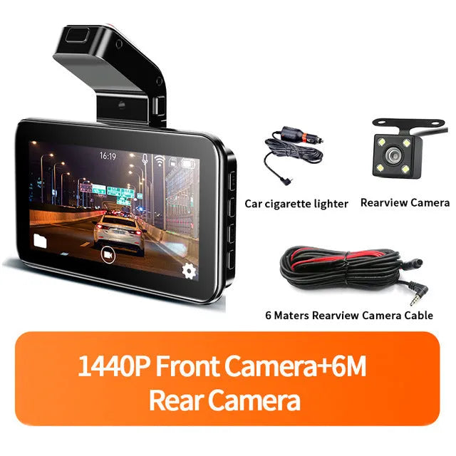 Black car DVR dash cam with a 3-inch screen and a separate camera module for dual lens recording.