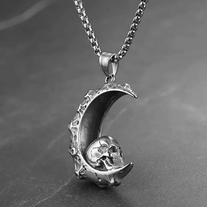 Men's stainless steel necklace with electroplated silver finish showing multiple pendant design options including skull, dagger and screw motifs