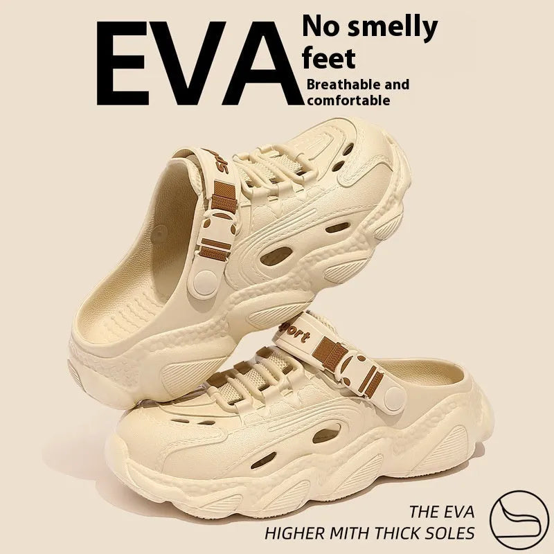 Men's khaki outdoor slippers with hollow out design and EVA soles showing non-slip pattern