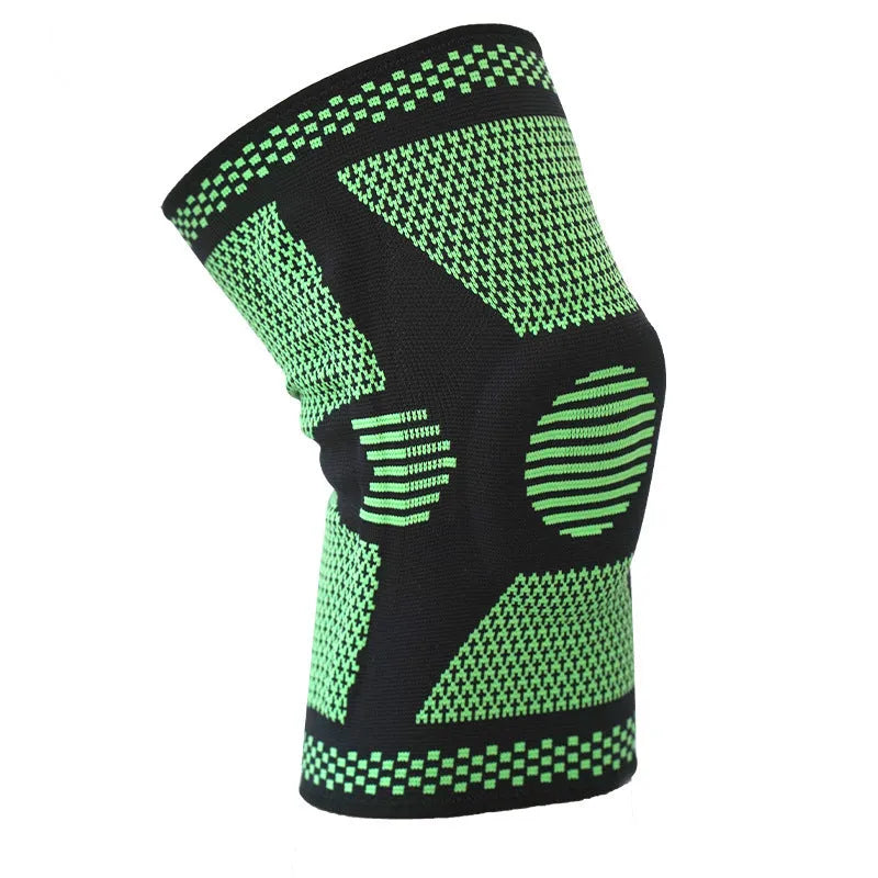 Green silicone spring knee pad shown on a leg, with size options M L XL for leg circumferences 35-55cm.