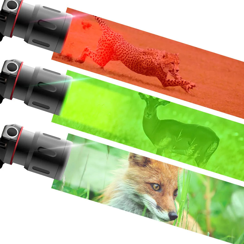 T6 LED headlamp showing white, red and green light modes with zoomable beam adjustment