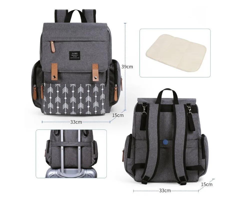 LAND Mommy large grey diaper backpack with changing mat, shown with baby care items.