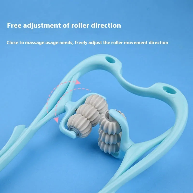 Blue plastic handheld massage roller with six rotating wheels for neck and shoulder tension relief