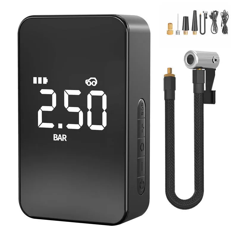 Compact wireless digital display car tyre inflator with hose and four air nozzles on a flannelette bag