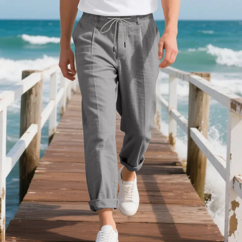 Men's linen casual trousers in straight leg style with drawstring waist in light khaki colour