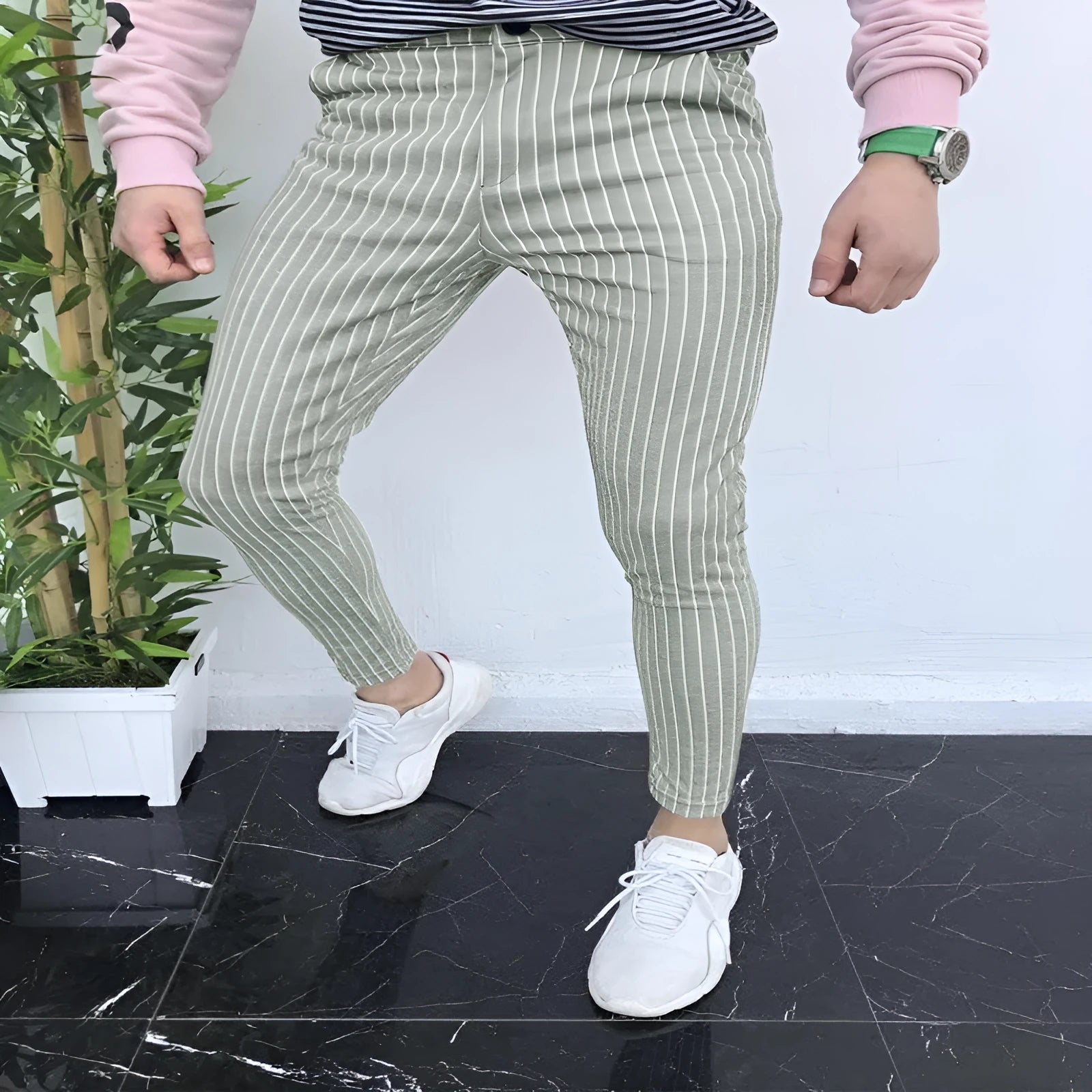 Men's slim-fit plaid casual trousers with 3D printed pattern and elastic waistband