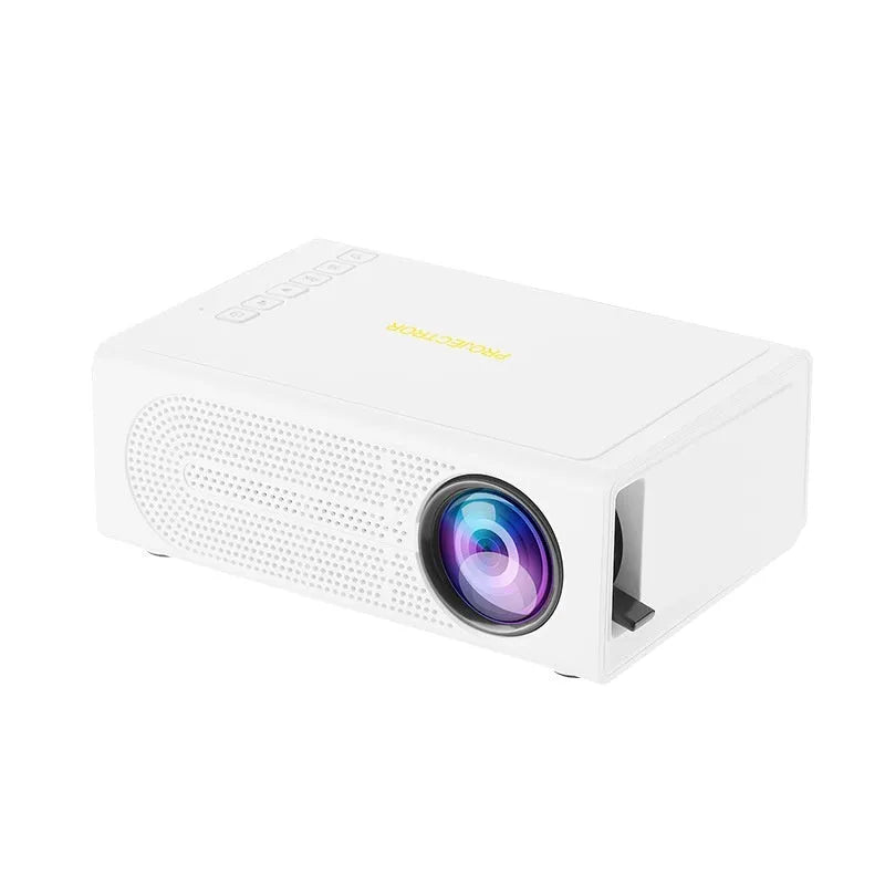 Black and white portable mini projector with wired mobile phone connection cable