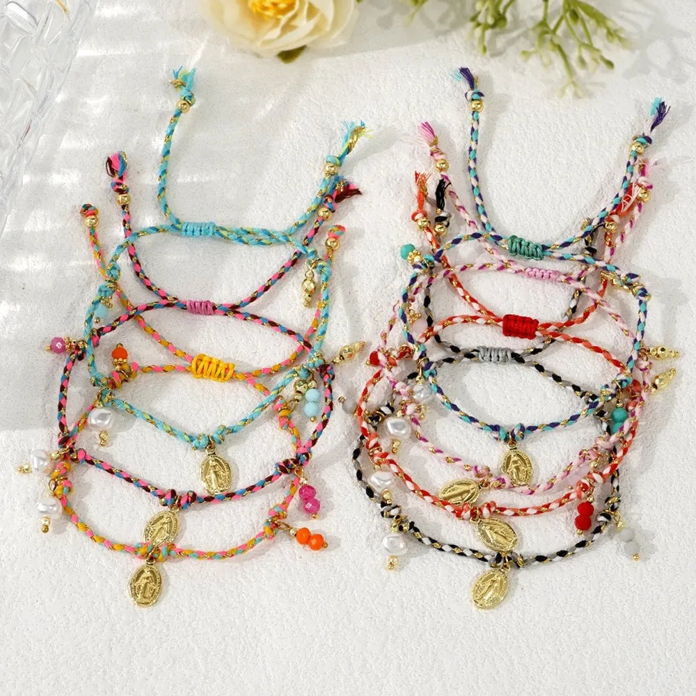 Hand-woven colourful braided rope bracelet with adjustable knot and decorative strap tag