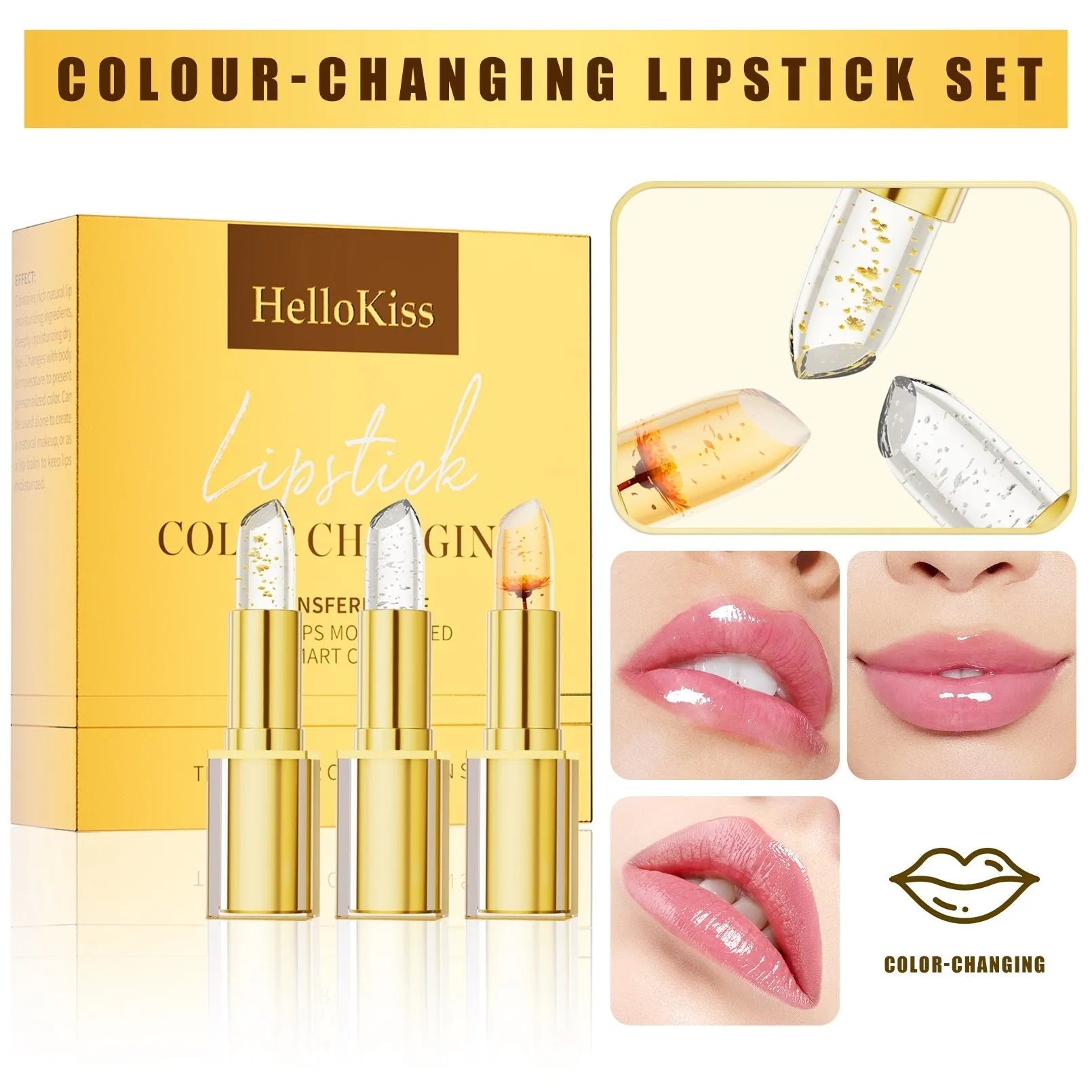 Gold packaged anti-smudge colour-changing lipstick tube with 3.5g gilding warm lip gloss