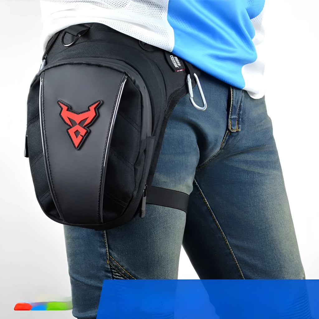 0105MC motorcycle riding leg bag in 1200D Oxford cloth shown in red, blue, green, and grey colour options.