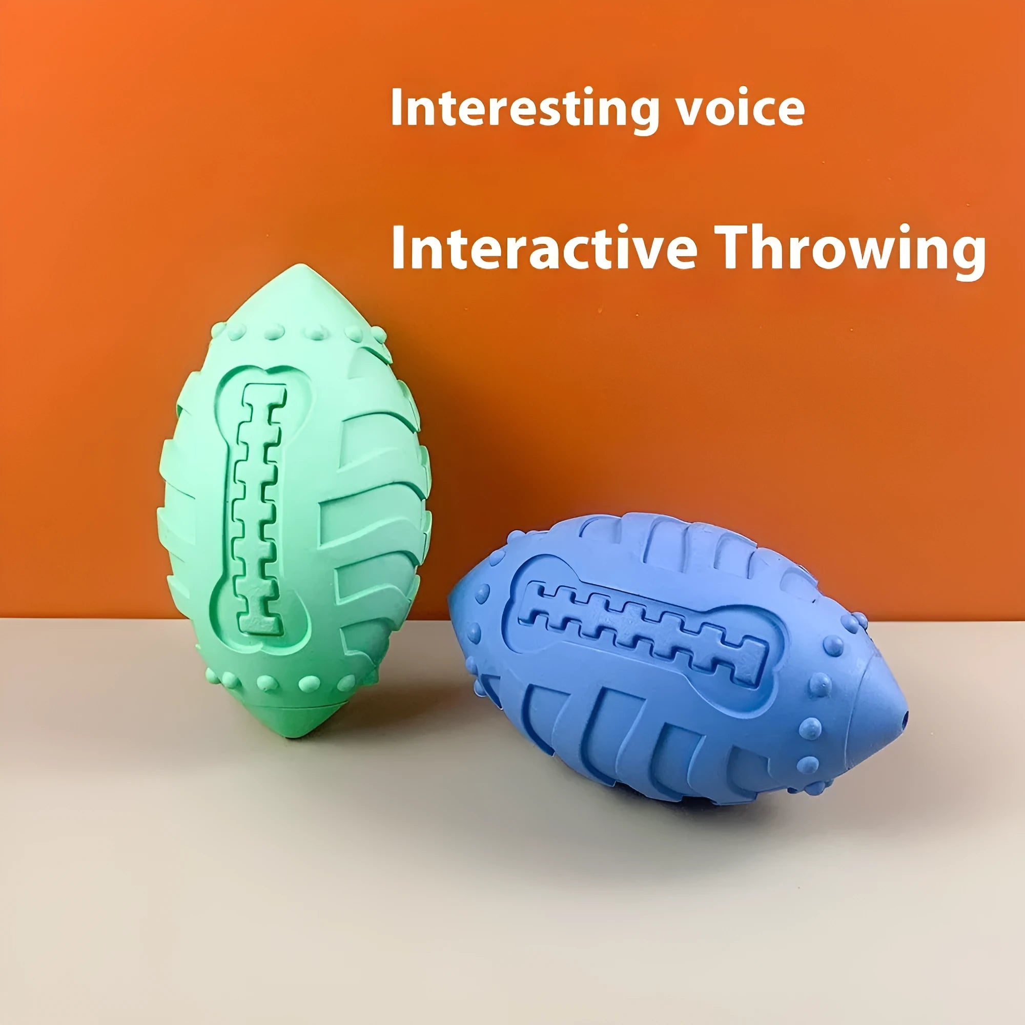 Thickened rubber rugby ball dog toy in light green or sapphire blue for interactive play and teeth cleaning
