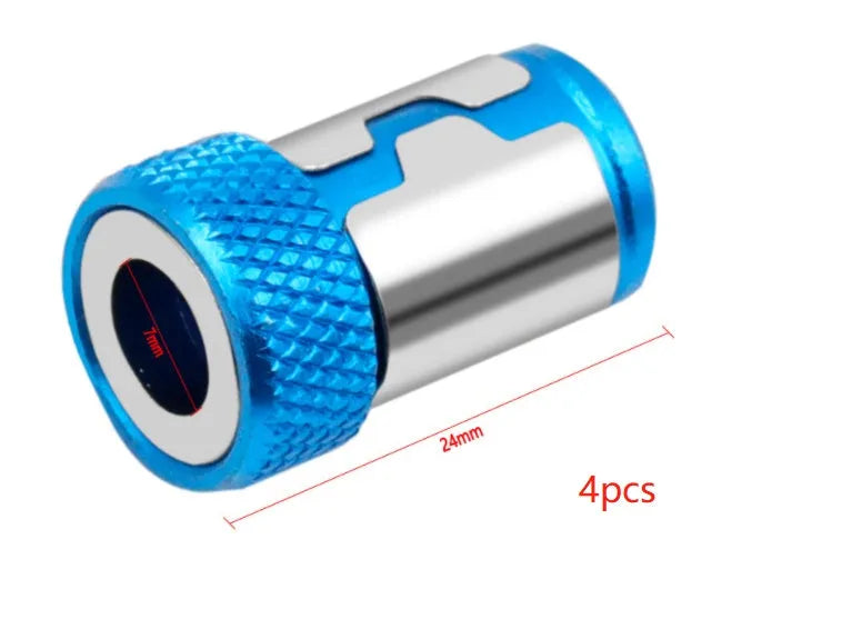 Light blue screwdriver bit with magnetic ring in high carbon steel, showing patterned and smooth ring designs