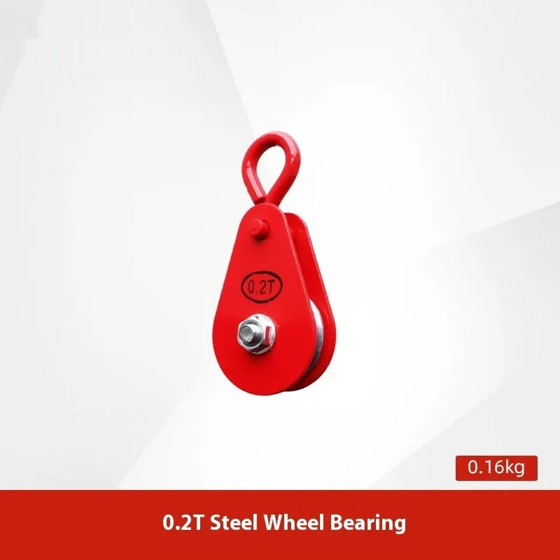 Red forged steel lifting pulley with a ring hook and safety latch for industrial general lifting applications.