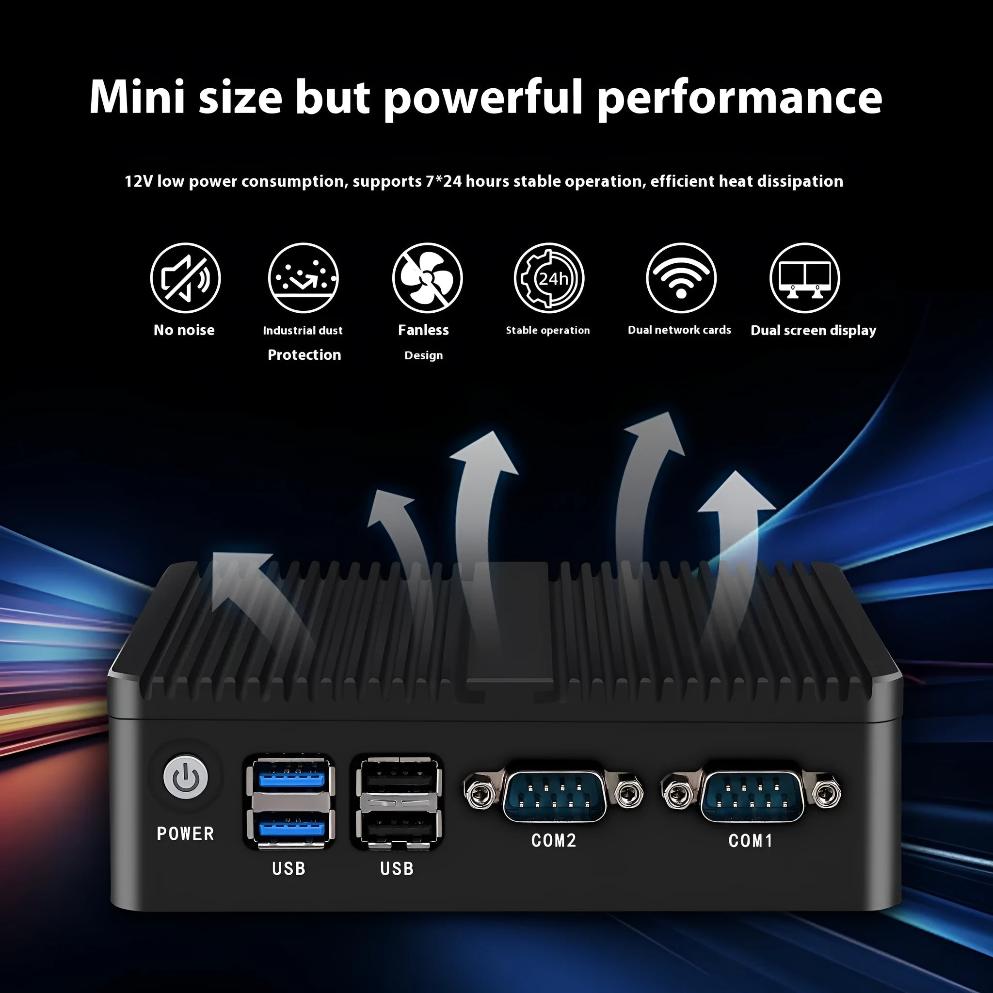 Compact aluminium fanless industrial mini PC with dual network ports on rear panel