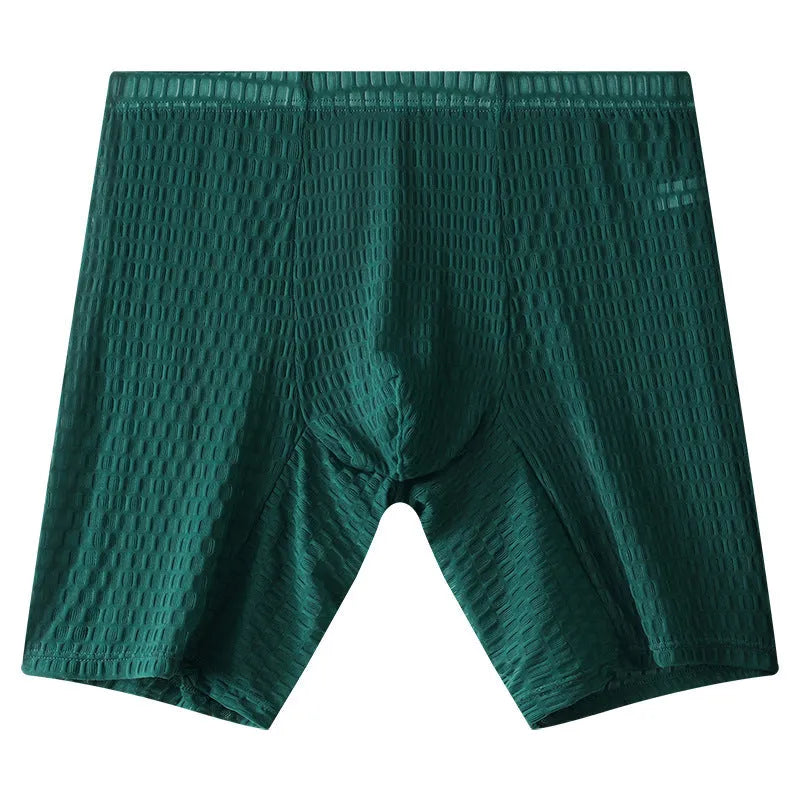 Men's white lace boxer shorts with a mid waist fit on a plain background.