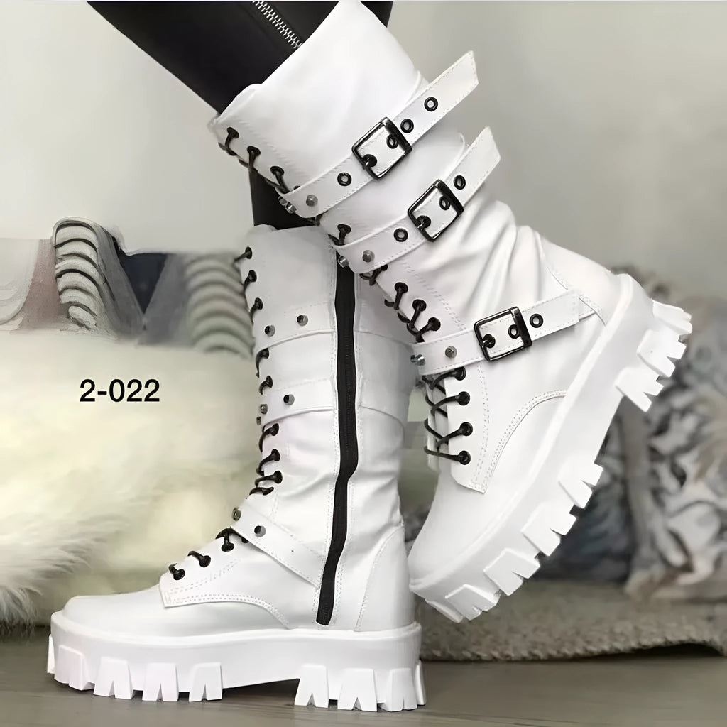 Women's black mid-calf knight boots with metal buckle and side zipper detail