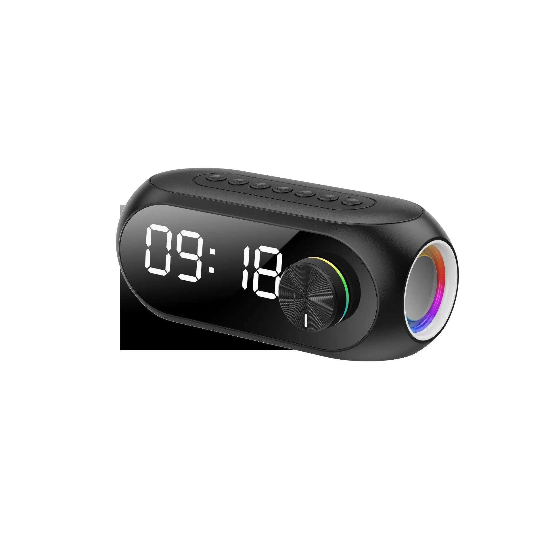 Extra Bass Portable Mini Clock Household Speaker in S8 Black colour with USB charging cable.