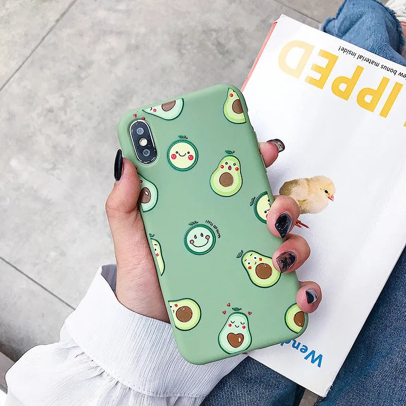 Avocado cartoon design on a green TPU phone case for iPhone, showing back cover style.
