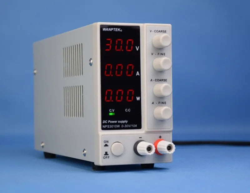 White adjustable DC laboratory power supply with digital displays for voltage and current, model S605W.