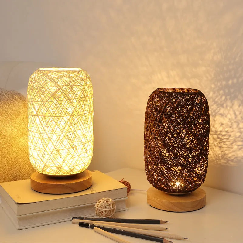 Sepak Takraw ball desk lamp made of brown hemp rope on a wooden base with USB cable
