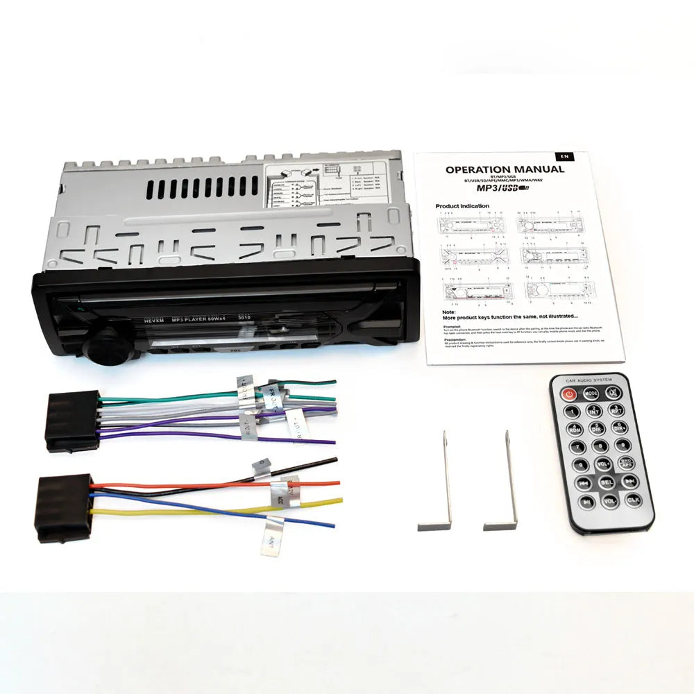 Single DIN car radio with LCD display, rotary volume knob, USB and TF card slots