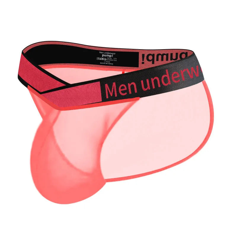Men's transparent ice silk breathable underwear briefs with large V gradient high fork in red colour