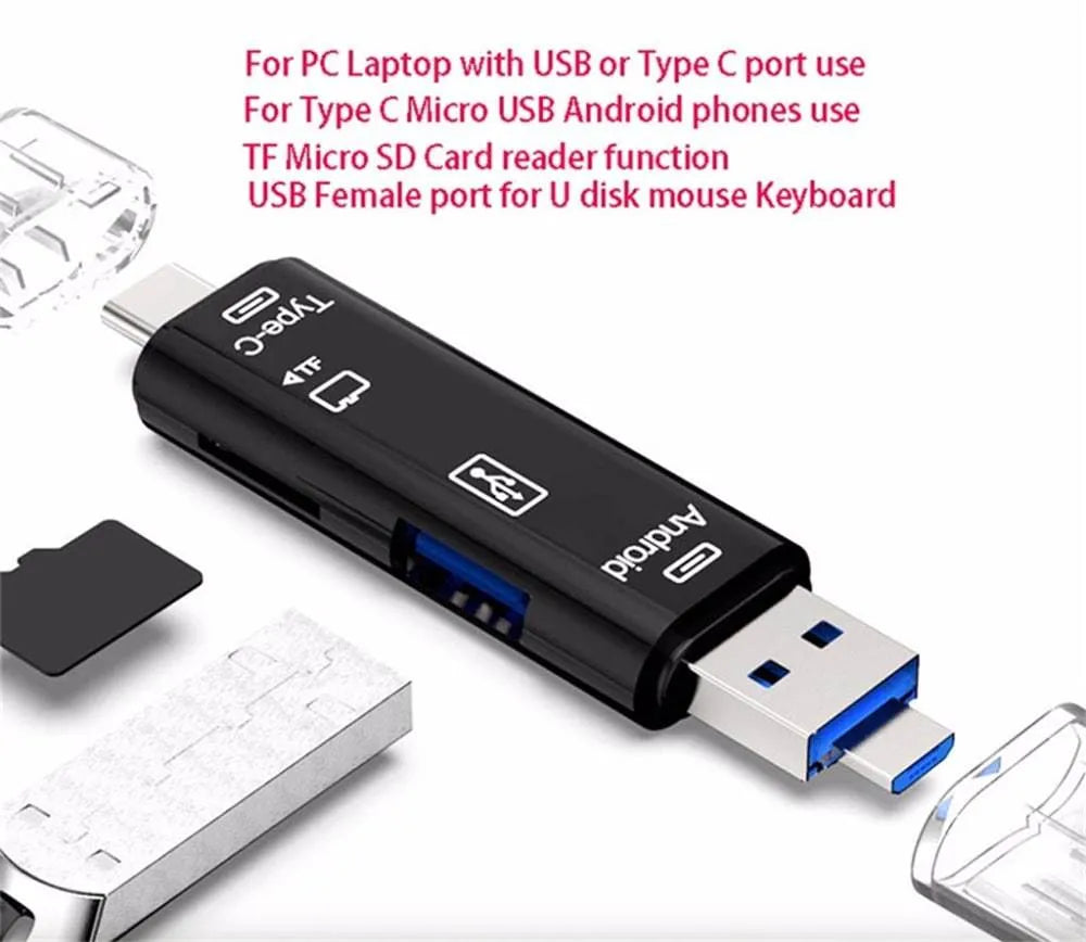 Black Type-C Micro USB OTG hub adapter with TF card reader slot and USB ports