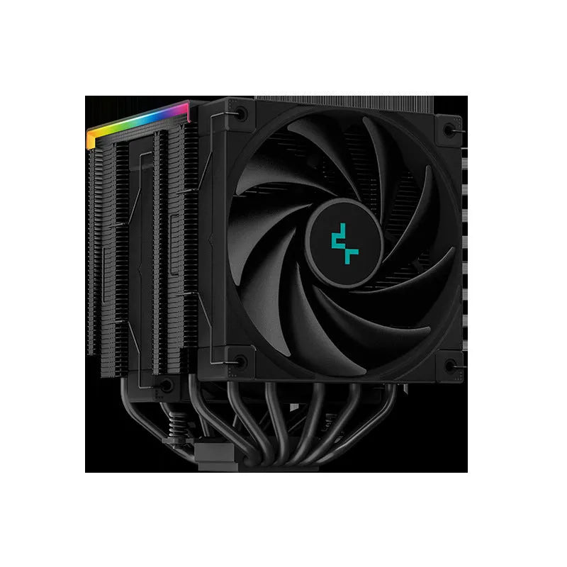 Twin tower black CPU air cooler with fans and a digital temperature display on front.